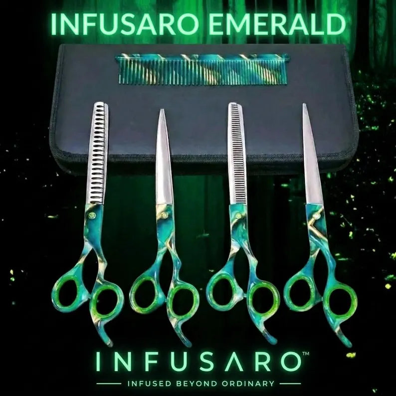 Royal Emerald by Infusaro - 4 Dog Grooming Scissors and Shears Set, Professional Pet Salon Grooming Accessories